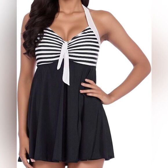Modest Swimsuit Flare Padded Push Up Underwire One Piece Black White Bathing 2x - Picture 1 of 7